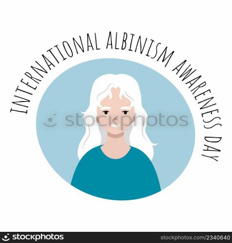 World Albinism Awareness Day June 13. Happy albino woman with white hair.