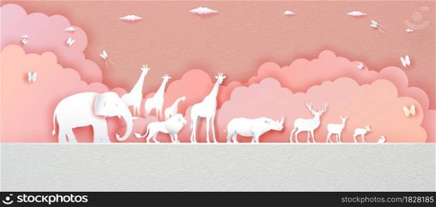World Animals Day in pink background with deer, elephant, lion, giraffe, rabbit, rhinoceros in Paper art, paper cut and origami craft style. Illustration world animal wildlife day in paper texture.