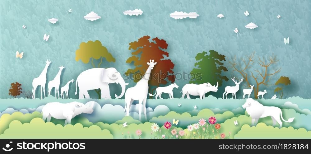 World Animals Day with deer, elephant, lion, giraffe, rabbit, rhinoceros and butterfly in Paper art, paper cut and origami craft style. Illustration world animal wildlife day in paper texture.