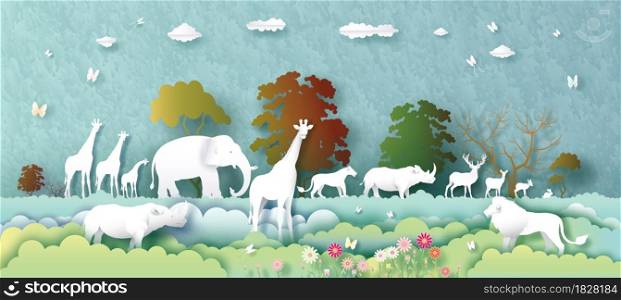 World Animals Day with deer, elephant, lion, giraffe, rabbit, rhinoceros and butterfly in Paper art, paper cut and origami craft style. Illustration world animal wildlife day in paper texture.