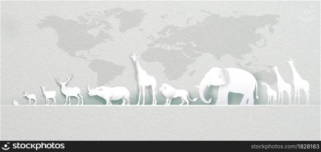 World Animals Day with world map deer, elephant, lion, giraffe, rabbit, rhinoceros in Paper art, paper cut and origami craft style. Illustration world animal wildlife day in paper texture.