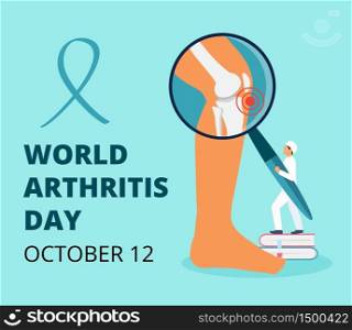 World arthritis day in October. Tiny doctors treat rheumatism, osteoarthritis. Healthcare flat concept vector on the blue background for landing page, banner, app.. World arthritis day in October. Tiny doctors treat rheumatism, osteoarthritis. Healthcare flat concept vector