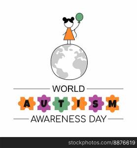 World autism awareness day. Girl with air balloon. Planet Earth. Vector doodle illustration. Inscription.