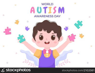 World Autism Awareness Day with Cute Character Kids and Hand of Puzzle Pieces Suitable for Greeting Card, Poster or Banner in Flat Design Illustration