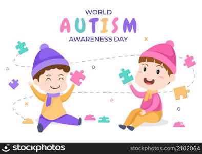World Autism Awareness Day with Cute Character Kids and Hand of Puzzle Pieces Suitable for Greeting Card, Poster or Banner in Flat Design Illustration