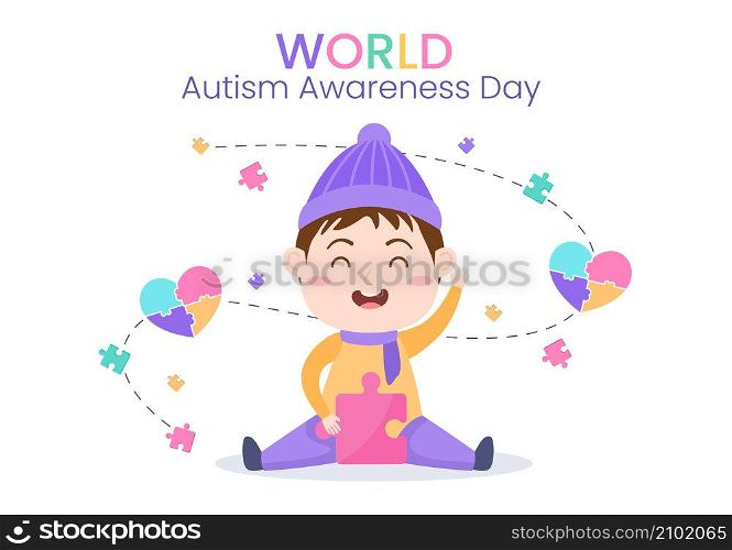 World Autism Awareness Day with Cute Character Kids and Hand of Puzzle Pieces Suitable for Greeting Card, Poster or Banner in Flat Design Illustration