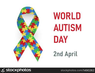 World Autism Day. 2 april. Card with colorful satin puzzle ribbon and text. Vector illustration on white background. World Autism Day. 2 april. Card with colorful satin puzzle ribbon and text. Vector illustration