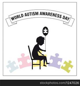 World Autism Day, a little lonely boy sits on a chair, against a background of puzzles, vector, illustration. World Autism Day, a little lonely boy sits on a chair, against a background of puzzles, vector, illustration, isolated