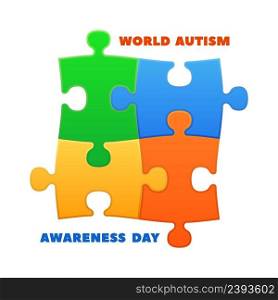 World autism day. Awareness poster with colorful puzzle autistic logo. Medicine care and childhood support concept, love and accept vector banner. Illustration of autism day awareness and support. World autism day. Awareness poster with colorful puzzle autistic logo. Medicine care and childhood support concept, love and accept vector banner