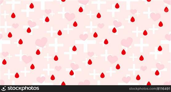 World blood donation day background. Blood donation pattern with blood drop heart and cross