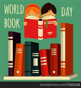 World book day, girl and boy reading with stack of books on a shelf, vector illustration