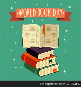 World book day, open book with festive banner and stack of books, vector illustration