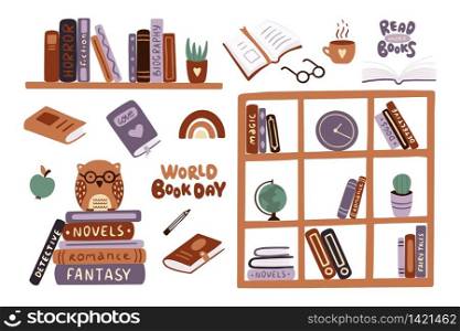 World book day. Set of books, lettering, glasses, an apple, shelves with books, a stack of books with an owl on it. Flat vector illustration on a white background.