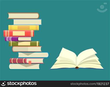 World book day. Stack of colorful books with open book. Vector illustration in flat design. World book day.