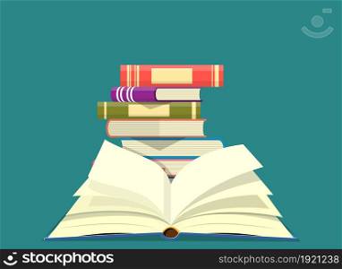 World book day. Stack of colorful books with open book. Vector illustration in flat design. World book day.