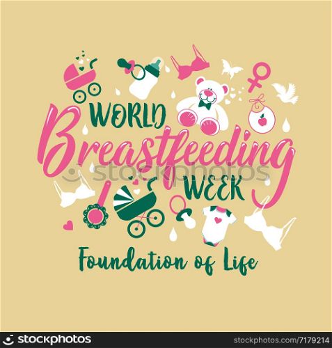 World breastfeeding week and kids elements flat icon set concept. Child illustrations.. World breastfeeding week and kids elements flat icon set concept. Child illustrations design
