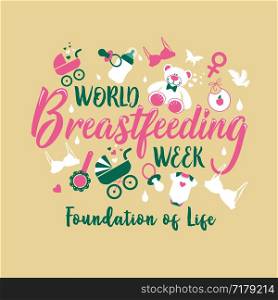 World breastfeeding week and kids elements flat icon set concept. Child illustrations.. World breastfeeding week and kids elements flat icon set concept. Child illustrations design