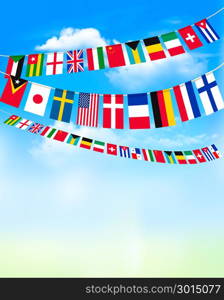 World bunting flags on blue sky. Vector illustration