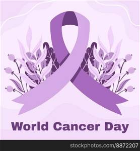 World Cancer Awareness Day February 4th. Lilac or purple ribbon symbol of cancer with botanical elements. Stop cancer campaign Health care square template for social media or website. World Cancer Awareness Day February 4th. Lilac or purple ribbon symbol of cancer with botanical elements. Stop cancer campaign Health care square template for social media or website.