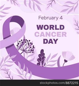 World Cancer Awareness Day February 4th. Lilac or purple ribbon symbol of cancer with flowers. Stop cancer c&aign Health care square template for social media or website. World Cancer Awareness Day February 4th. Lilac or purple ribbon symbol of cancer with flowers. Stop cancer c&aign Health care square template for social media or website.