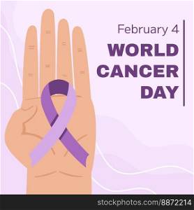 World Cancer Awareness Day February 4th. Lilac or purple ribbon symbol of cancer with hand. Stop cancer c&aign Health care square template for social media or website. World Cancer Awareness Day February 4th. Lilac or purple ribbon symbol of cancer with hand. Stop cancer c&aign Health care square template for social media or website.