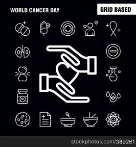 World Cancer Day Line Icons Set For Infographics, Mobile UX/UI Kit And Print Design. Include: Hands, Ribbon, Love, Romantic, Report, Love, Romantic, Valentine, Icon Set - Vector