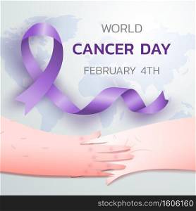 World cancer day poster with hands and ribbon