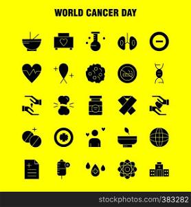 World Cancer Day Solid Glyph Icons Set For Infographics, Mobile UX/UI Kit And Print Design. Include: Hands, Ribbon, Love, Romantic, Report, Love, Romantic, Valentine, Icon Set - Vector