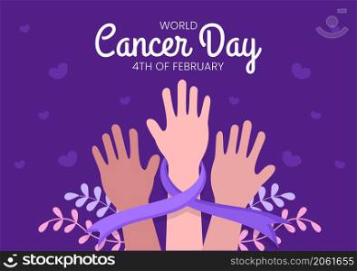 World Cancer Day with Ribbon Flat Vector Illustration. Inform the Public About Disease Awareness on February 4th Through Campaign Background or Poster