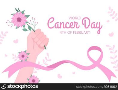 World Cancer Day with Ribbon Flat Vector Illustration. Inform the Public About Disease Awareness on February 4th Through Campaign Background or Poster