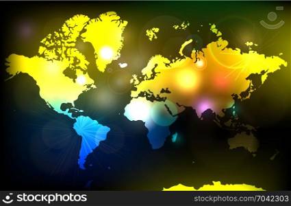 World celebration map. Colourful global atlas. Fireworks. Christmas and New Year celebration. Vector.