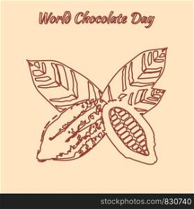 World Chocolate Day. Concept of a delicious holiday. 11 July. Contour drawing - cocoa fruit with leaves. World Chocolate Day. 11 July. Contour drawing - cocoa fruit with leaves