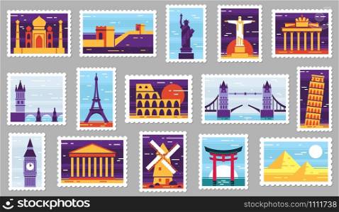 World cities post stamps. Travel postage stamp design, city attractions postcard and town. Monumets post letter stamping, travelling mail stamps. Isolated vector illustration icons set. World cities post stamps. Travel postage stamp design, city attractions postcard and town vector illustration set