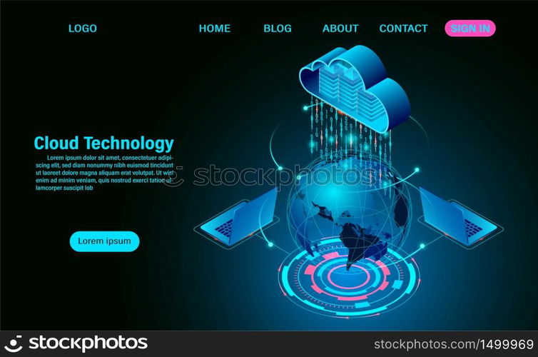 World cloud technology concept. online computing technology. big data flow processing concept on map. isometric flat design vector illustration