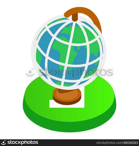 World concept icon isometric vector. Planet earth globe standing on green button. Environmental, ecology, globalization. World concept icon isometric vector. Planet earth globe standing on green button