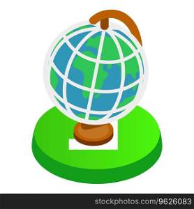World concept icon isometric vector. Planet earth globe standing on green button. Environmental, ecology, globalization. World concept icon isometric vector. Planet earth globe standing on green button