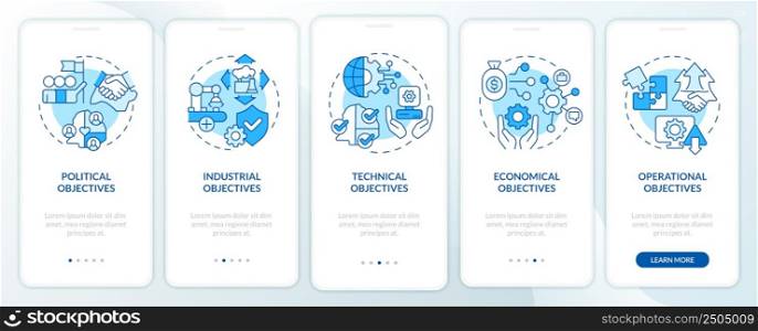World cooperation objectives blue onboarding mobile app screen. Goals walkthrough 5 steps graphic instructions pages with linear concepts. UI, UX, GUI template. Myriad Pro-Bold, Regular fonts used. World cooperation objectives blue onboarding mobile app screen