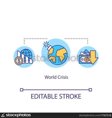 World crisis concept icon. International financial emergency, global economics problem idea thin line illustration. Stock market crash. Vector isolated outline RGB color drawing. Editable stroke