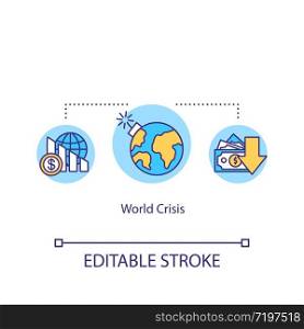 World crisis concept icon. International financial emergency, global economics problem idea thin line illustration. Stock market crash. Vector isolated outline RGB color drawing. Editable stroke