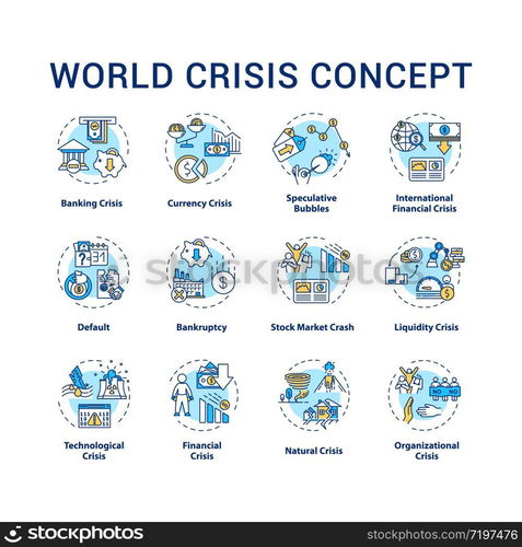 World crisis concept icons set. International disaster situation, emergency event with global negative changes idea thin line RGB color illustrations. Vector isolated outline drawings. Editable stroke