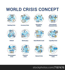 World crisis concept icons set. International disaster situation, emergency event with global negative changes idea thin line RGB color illustrations. Vector isolated outline drawings. Editable stroke