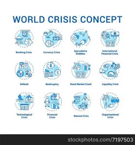 World crisis concept icons set. International disaster situation, emergency event with global negative changes idea thin line RGB color illustrations. Vector isolated outline drawings. Editable stroke
