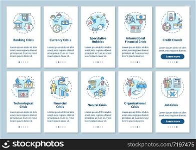 World crisis onboarding mobile app page screen with concepts set. Global problems, emergency types walkthrough five steps graphic instructions. UI vector template with RGB color illustrations