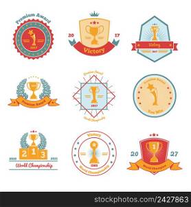 World cup championships competitions festivals tournaments winners awards gold trophies emblems flat icons collection isolated vector illustration . Trophy Awards Flat Emblems Set