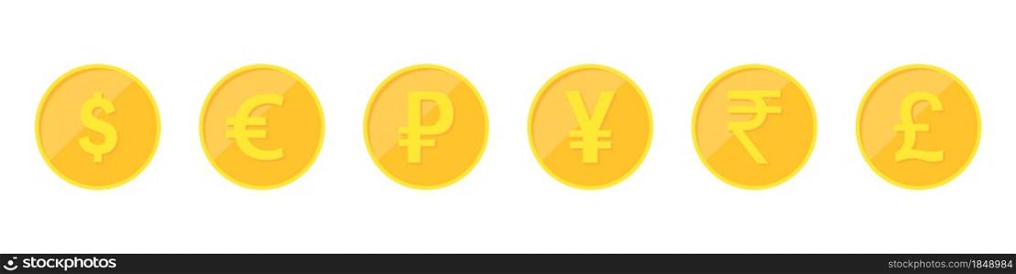 World currencies. Dollar, euro, ruble, yen, pound, rupee. Gold coins icons isolated on white background. Vector illustration