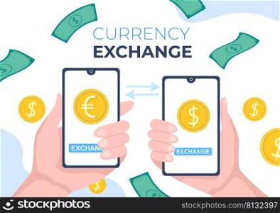 World Currency Exchange Services Cartoon Illustration Online Economy Applications for Cryptography, Euro, Dollar with Transaction Code