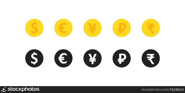 World currency, simple icon set. Coin symbol, gold tocen in vector flat style.