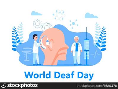 World Deaf Day in last Sunday of September illustration. Seminar and various deaf awareness campaign design vector for app, landing page, website. Tiny doctors give hearing aid.. World Deaf Day in last Sunday of September illustration. Seminar and various deaf awareness campaign design vector for app, landing page, website.