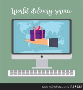 World delivery service concept with violet gift box in hand, vector illustration. World delivery service concept