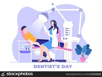World Dentist Day with Dentistry and Patient in Armchair in Flat Cartoon Background Illustration Suitable for Poster or Banner